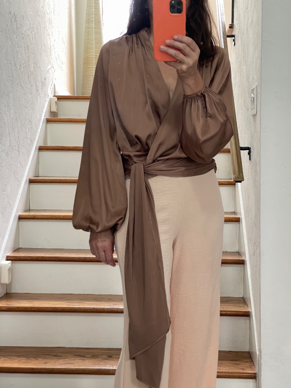 Ryegrass wrap satin pecan brown long sleeve blouse women S